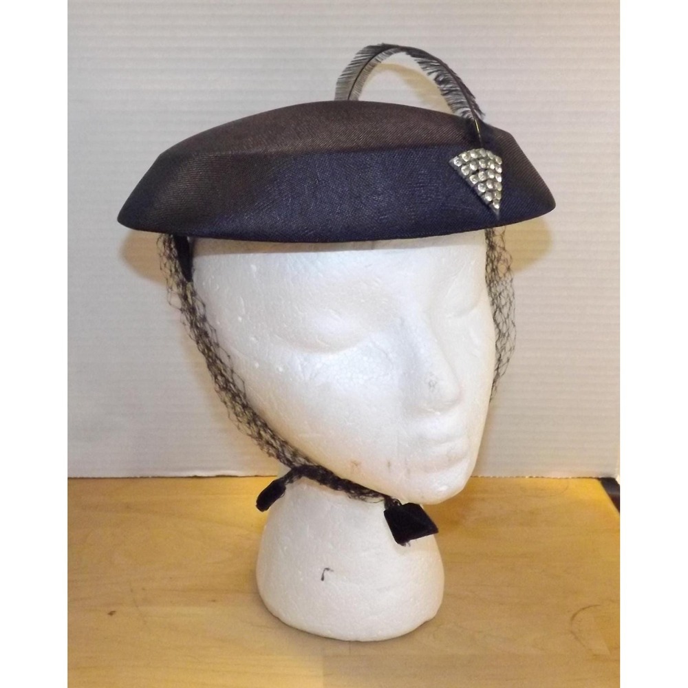 Vintage 1950s Navy Blue Straw Tilt Hat with Rhinestone Brooch & Ostrich Feather